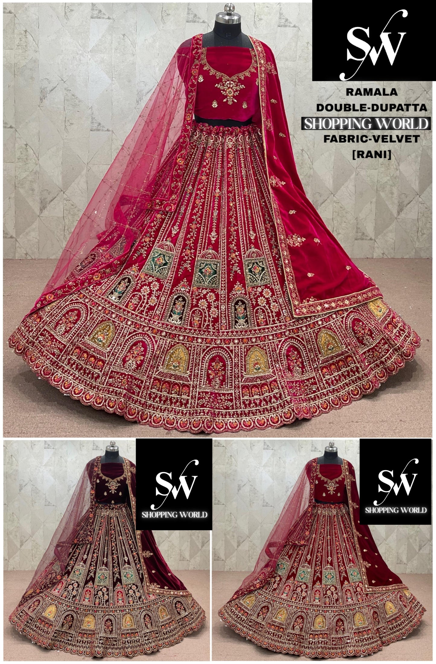 Rani pink Maroon Dark Maroon Velvet Double Dupatta bridal Lehenga - Shopping World