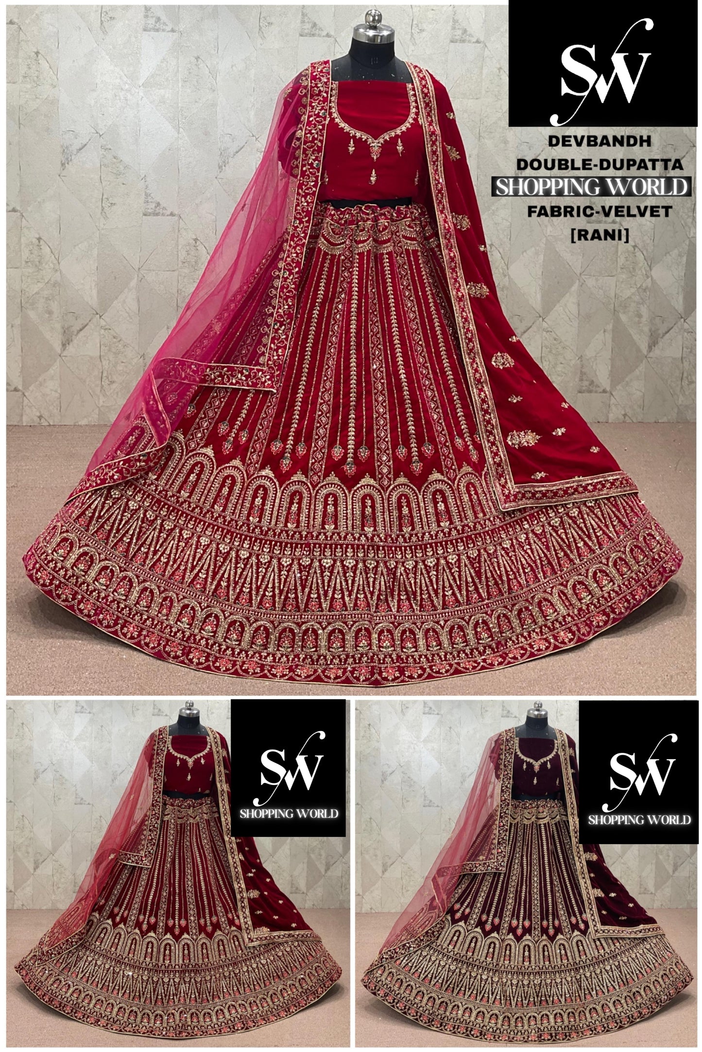 Rani pink Maroon Dark Maroon Velvet Double Dupatta bridal Lehenga - Shopping World