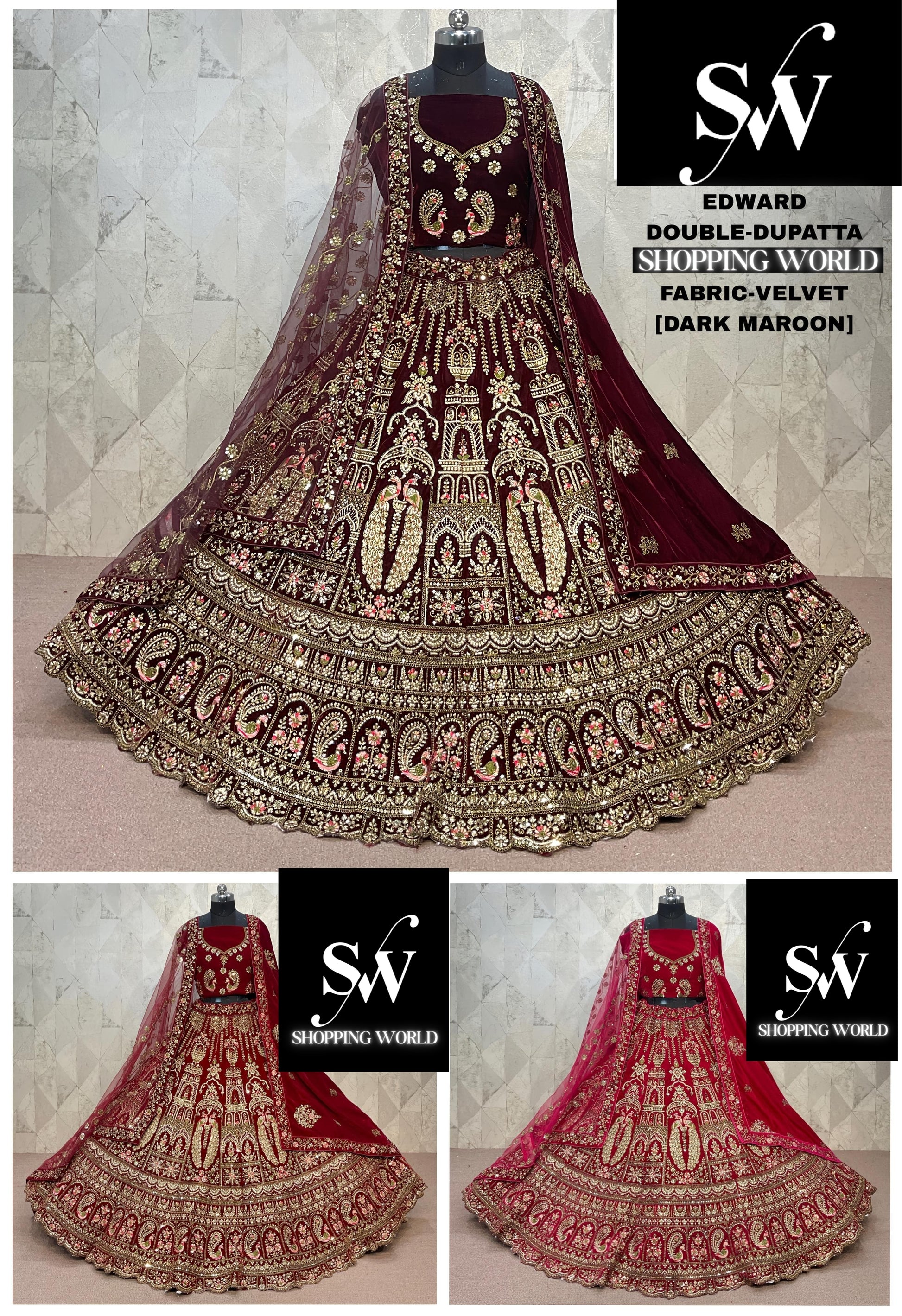Rani pink Maroon Dark Maroon Peacock Velvet Double Dupatta bridal Lehenga - Shopping World