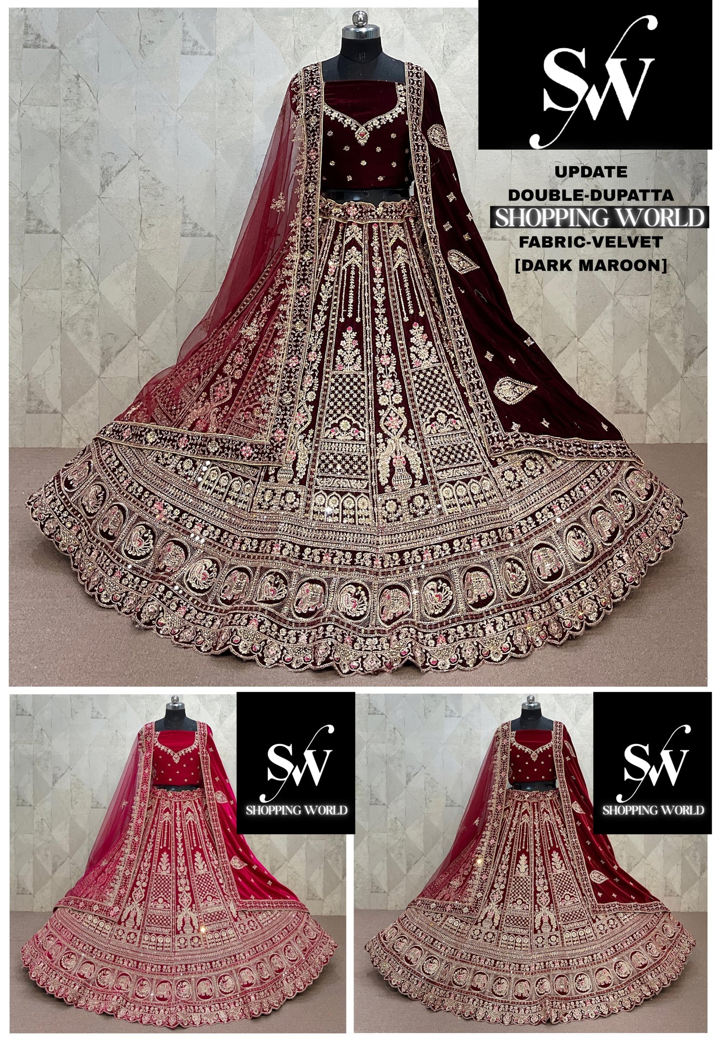 Rani pink Maroon Dark Maroon Peacock Velvet Double Dupatta bridal Lehenga - Shopping World