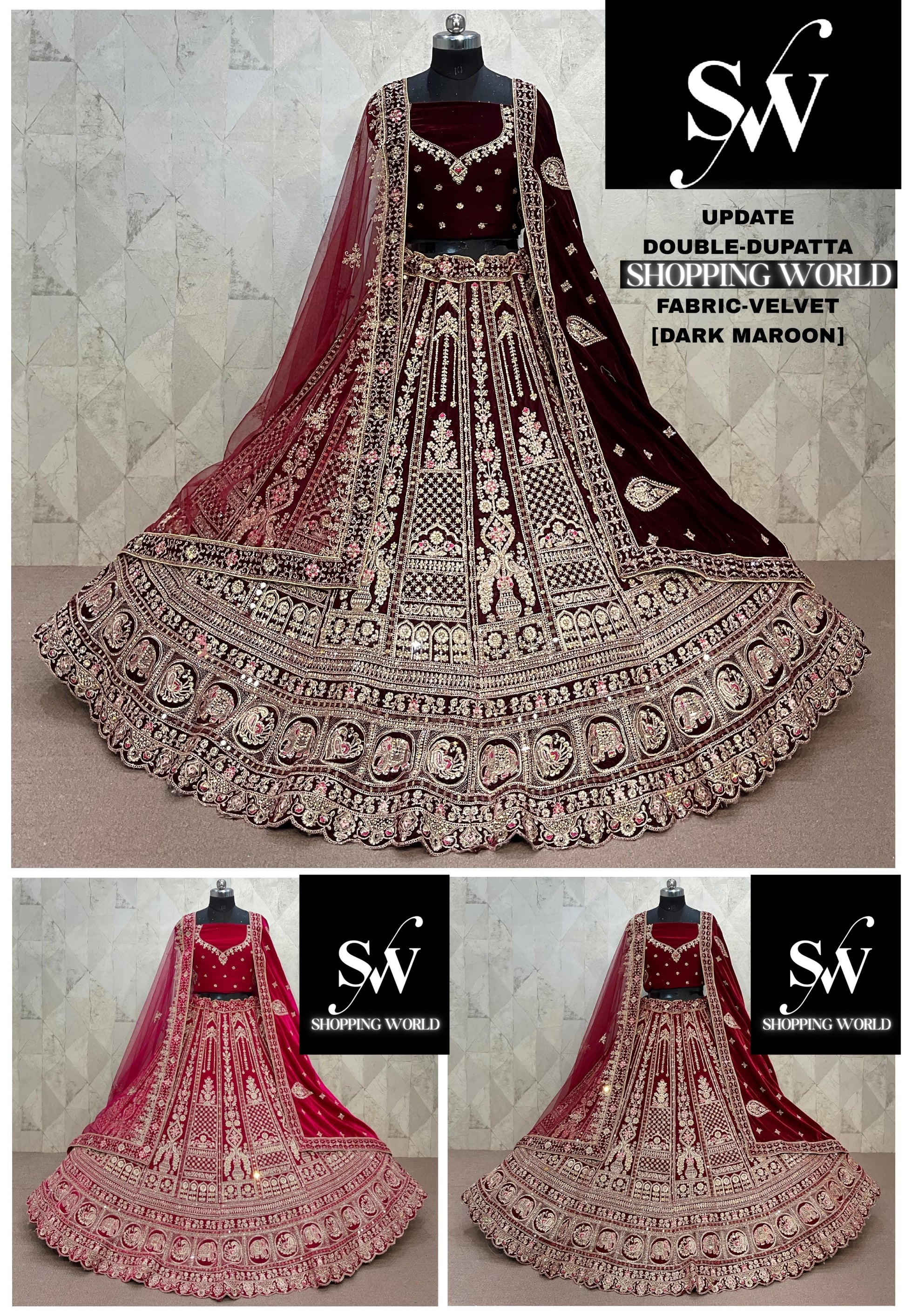 Rani pink Maroon Dark Maroon Peacock Velvet Double Dupatta bridal Lehenga - Shopping World