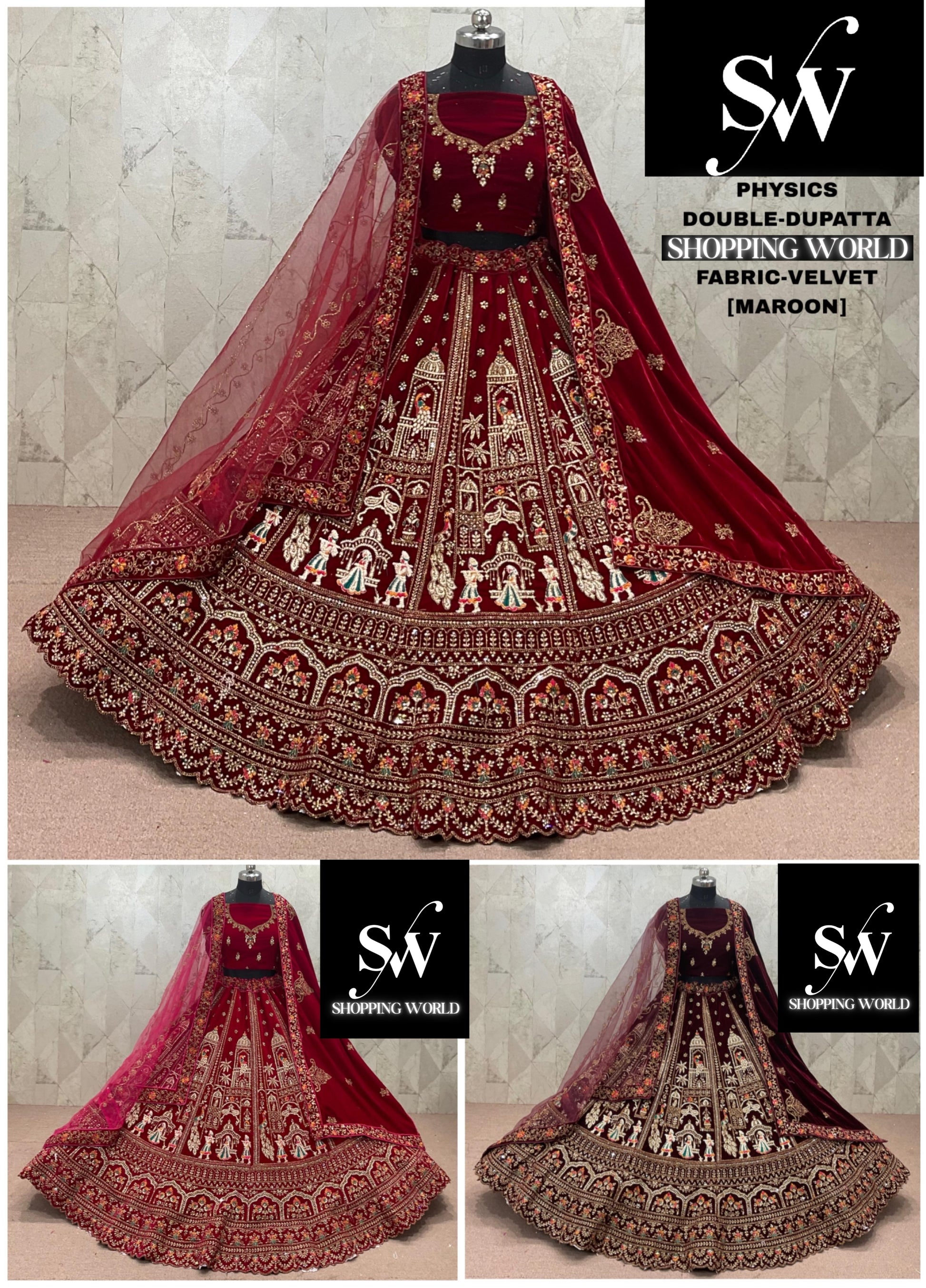 Rani pink Maroon Dark Maroon Doli Barat Velvet Double Dupatta bridal Lehenga - Shopping World