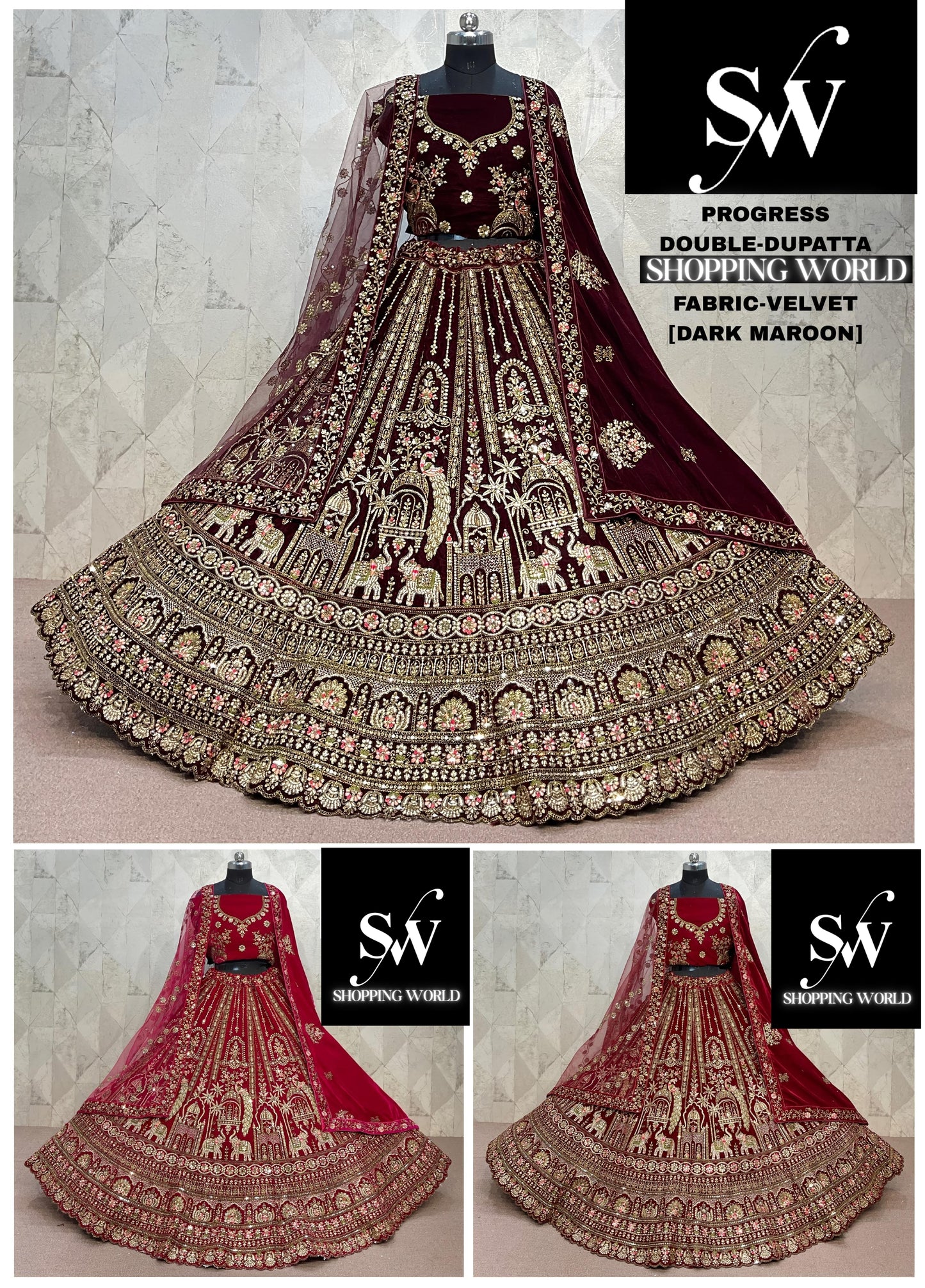 Rani pink Maroon Dark Maroon  Peacock Velvet Double Dupatta bridal Lehenga - Shopping World