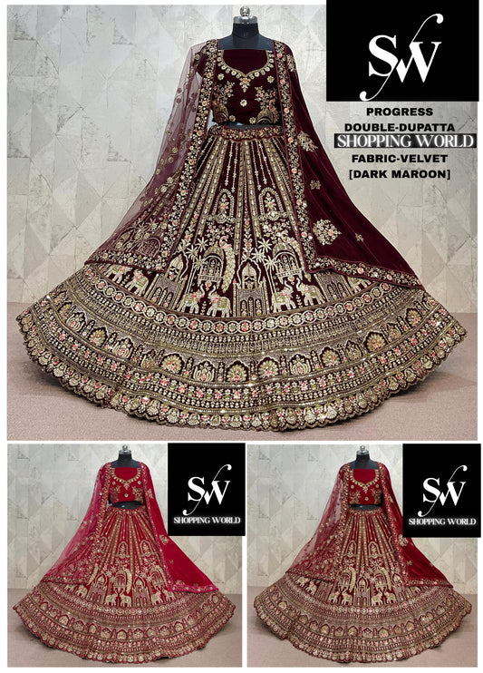Rani pink Maroon Dark Maroon  Peacock Velvet Double Dupatta bridal Lehenga - Shopping World