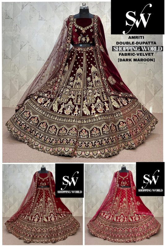 Rani pink Maroon Dark Maroon  Peacock Velvet Double Dupatta bridal Lehenga - Shopping World