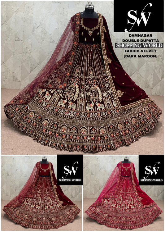Rani pink Maroon Dark Maroon  Peacock Velvet Double Dupatta bridal Lehenga - Shopping World