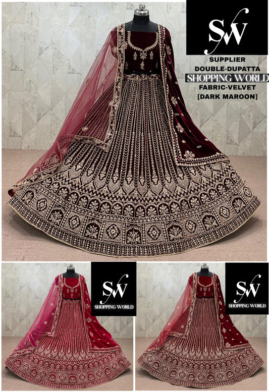 Rani pink Maroon Dark Maroon Velvet Double Dupatta bridal Lehenga - Shopping World