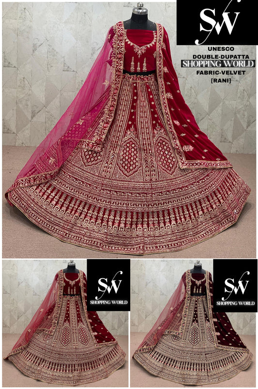 Rani pink Maroon Dark Maroon Velvet Double Dupatta bridal Lehenga - Shopping World