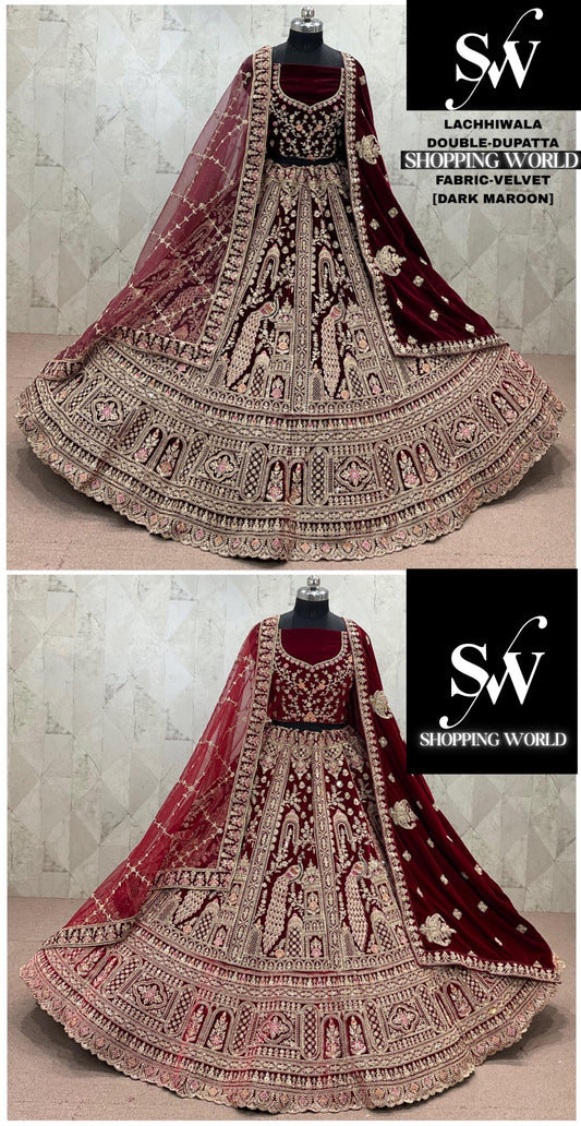 Maroon Dark Maroon peacock Velvet Double Dupatta bridal Lehenga - Shopping World