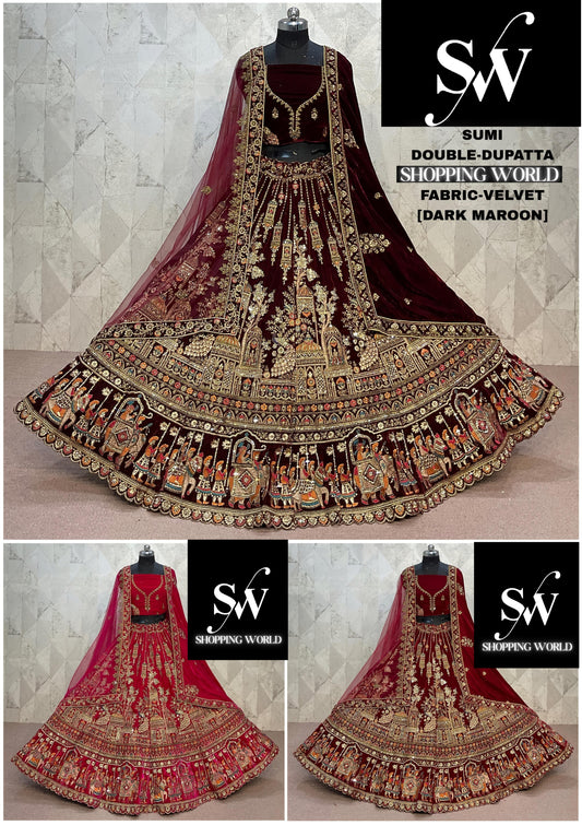 Maroon Dark Maroon Rani pink peacock Velvet Double Dupatta bridal Lehenga - Shopping World