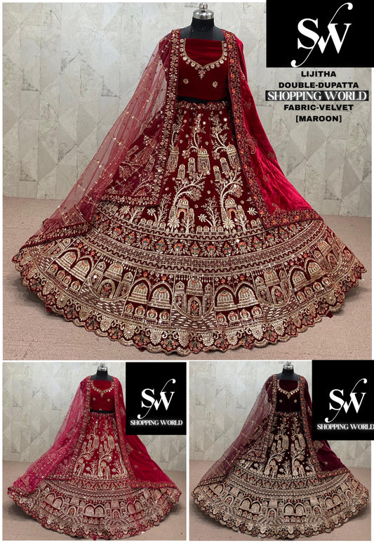 Maroon Dark Maroon Rani pink Velvet Double Dupatta bridal Lehenga - Shopping World