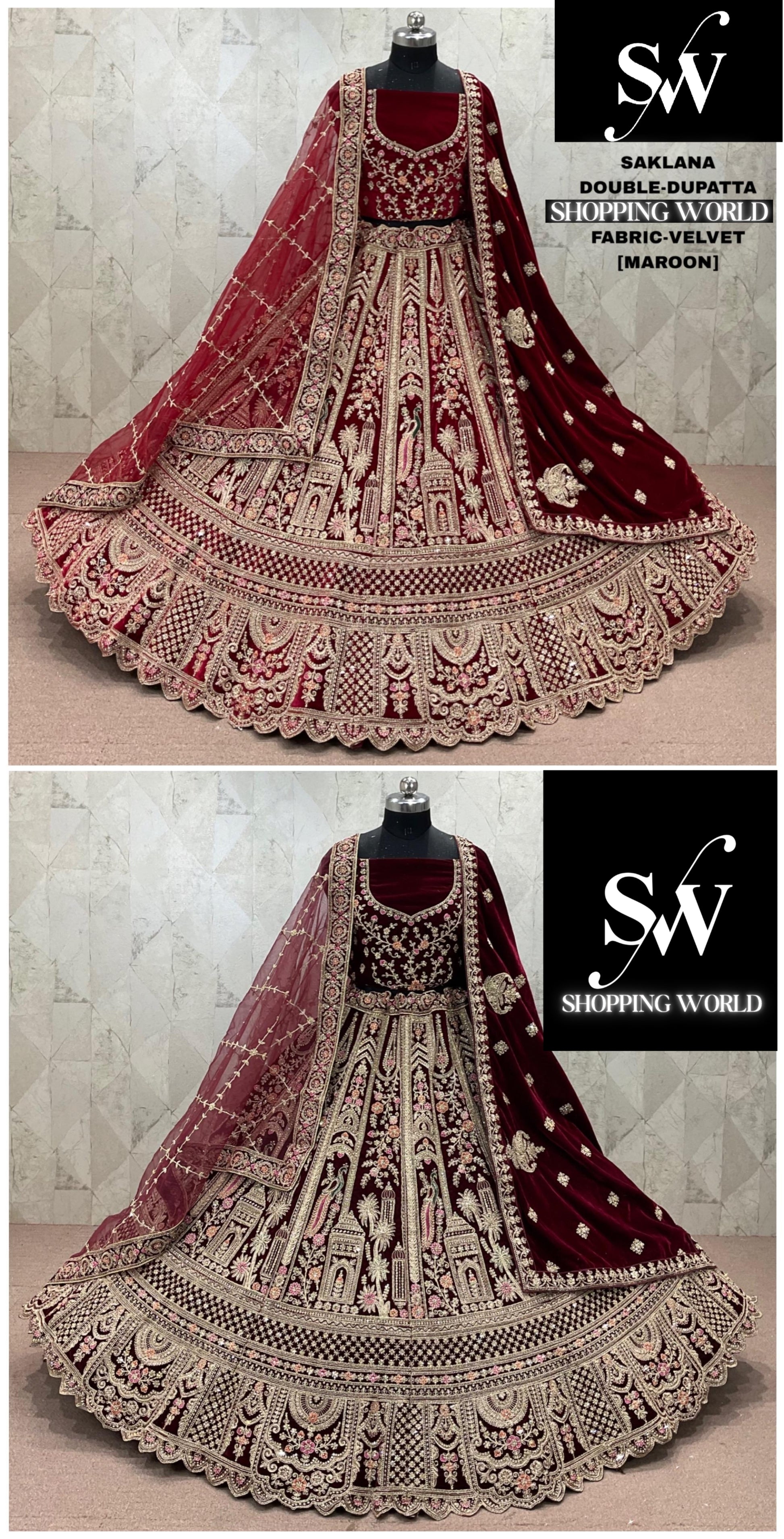 Maroon Dark Maroon Velvet Double Dupatta bridal Lehenga - Shopping World