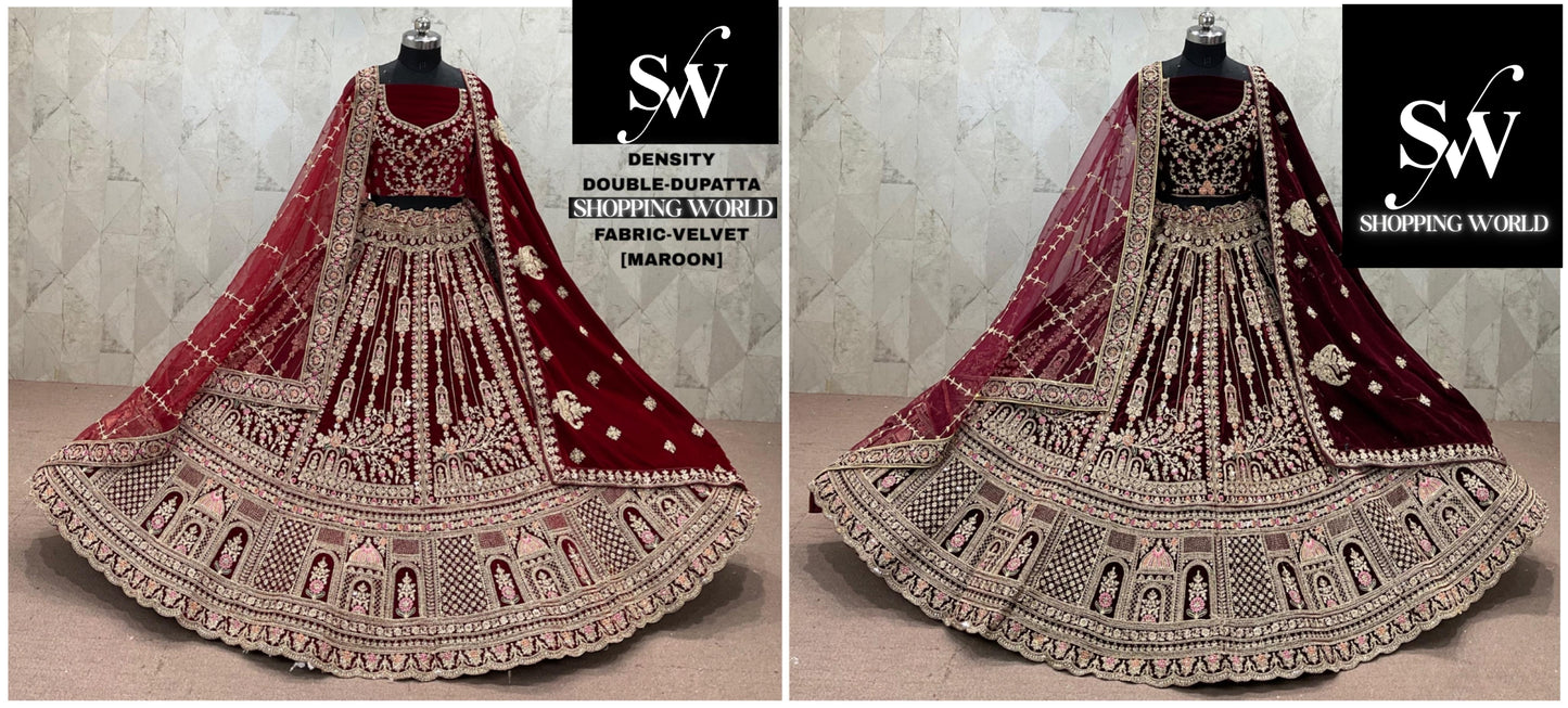 Maroon Dark Maroon Velvet Double Dupatta bridal Lehenga - Shopping World