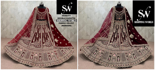 Maroon Dark Maroon Velvet Double Dupatta bridal Lehenga - Shopping World