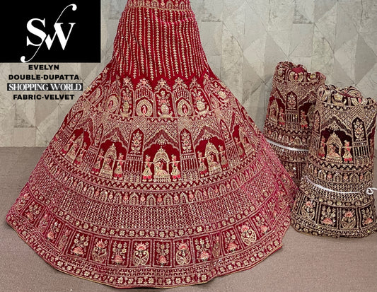 Rani pink Velvet Double Dupatta Doli Barat bridal Lehenga - Shopping World