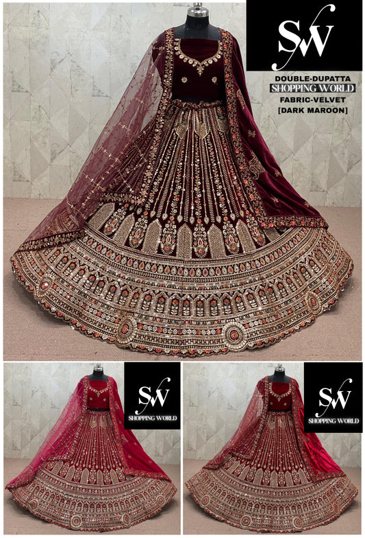 Dark Maroon Maroon Rani pink Velvet Double Dupatta bridal Lehenga - Shopping World