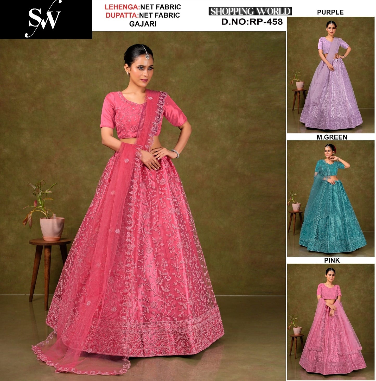 Gajri pink Purple Mint green pink Net Lehenga