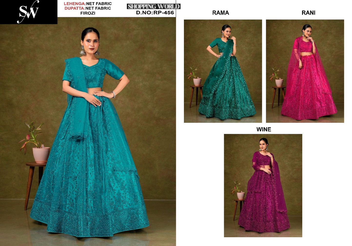 Firozi Blue Rama green Rani pink Wine Net Lehenga