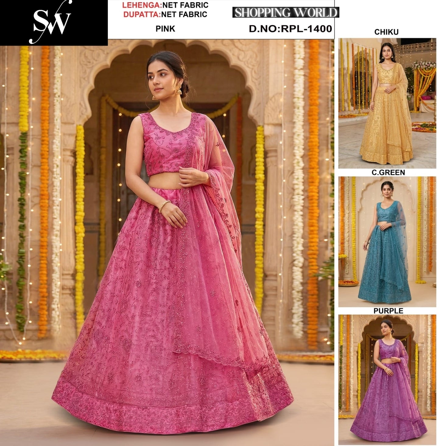 Pink Chiku Golden Sea green purple Net Lehenga