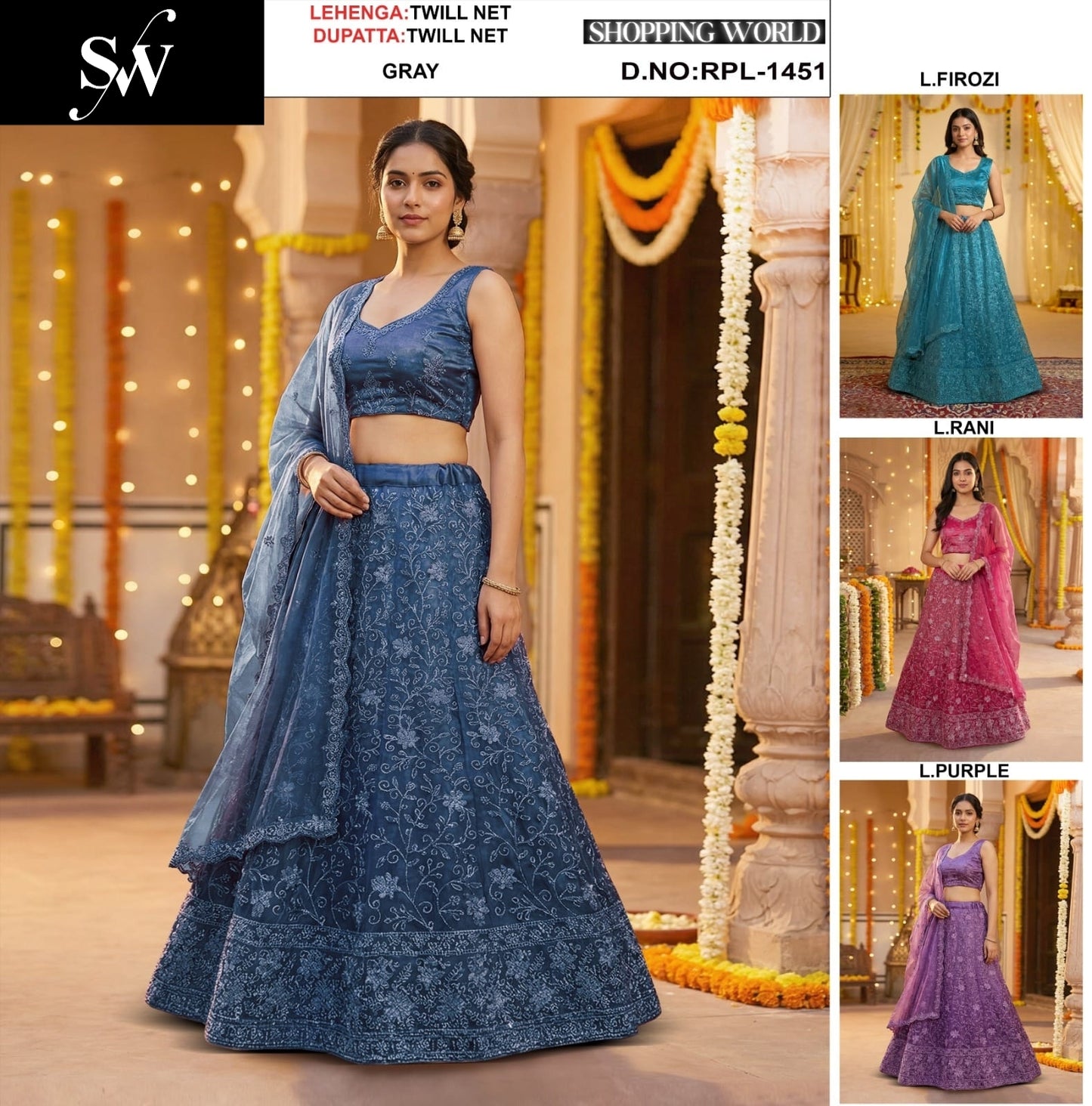 Dark Blue Light Firozi Light Rani pink Light purple Net Lehenga