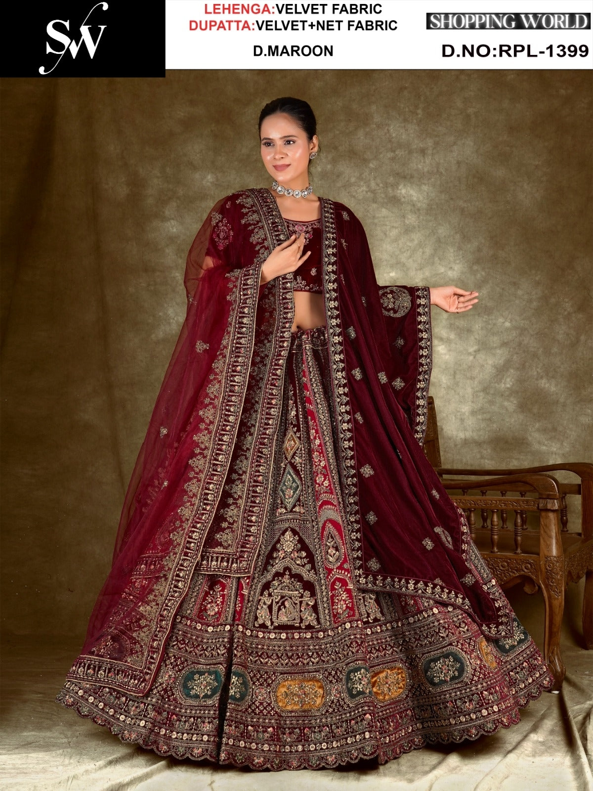 Dark Maroon Velvet Lehenga