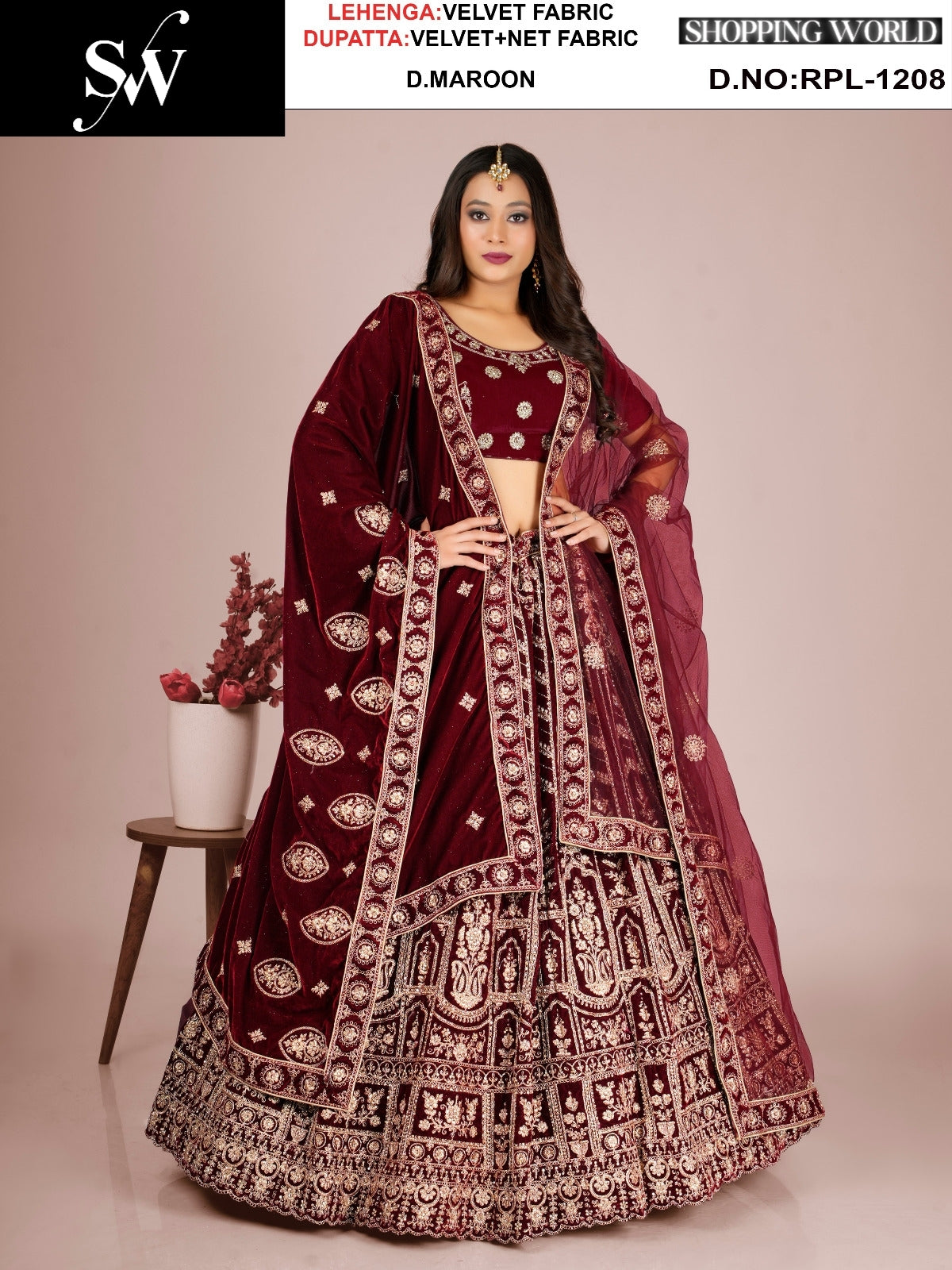 Dark Maroon Velvet Lehenga