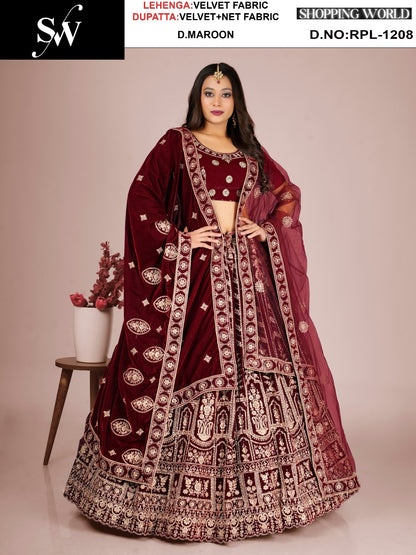 Dark Maroon Velvet Lehenga