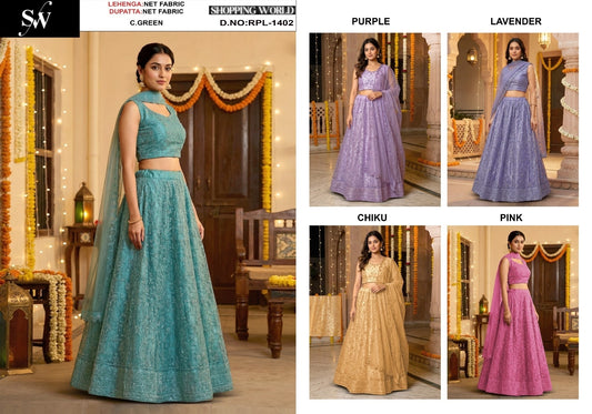 Sea green purple lavender Chiku Golden Pink Net Lehenga