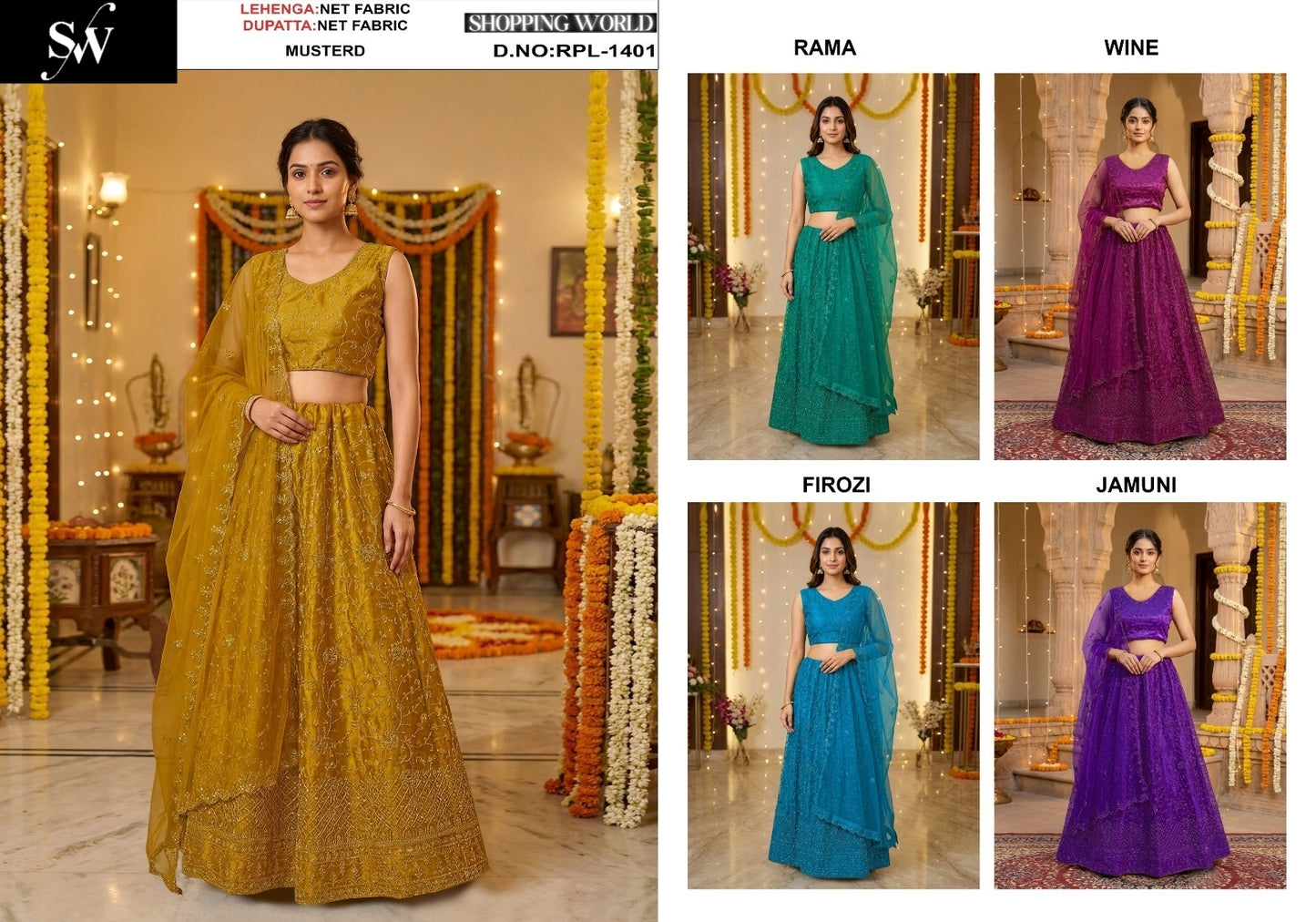 Mustard Rama green Wine Firozi Blue Jamuni purple Net Lehenga
