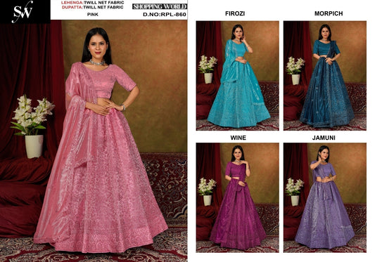 pink Jamuni purple Firozi Blue wine Firozi Blue Twill Net Lehenga