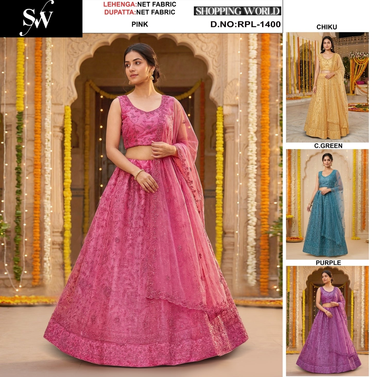 pink Sea green Pink Chiku golden Purple Net Lehenga