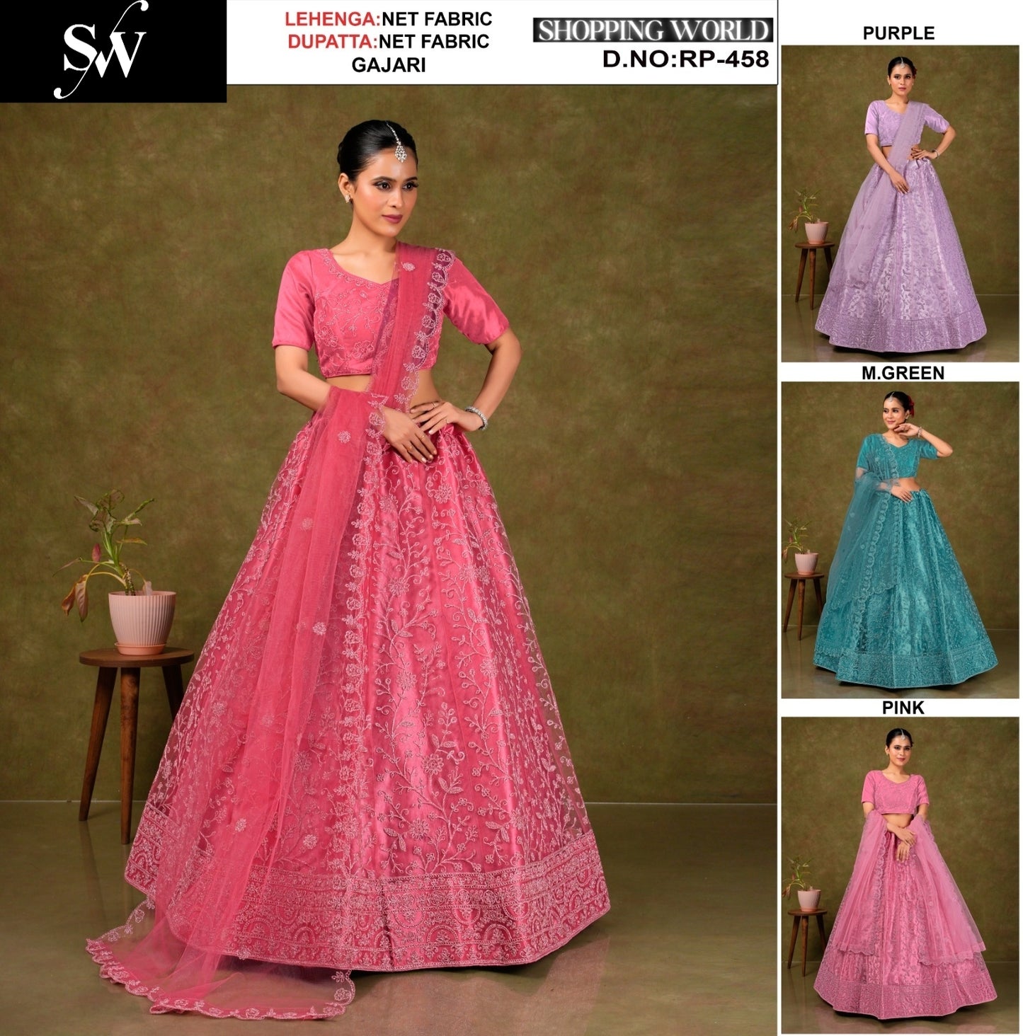 Gajri pink Purple Mint green Pink Net Lehenga