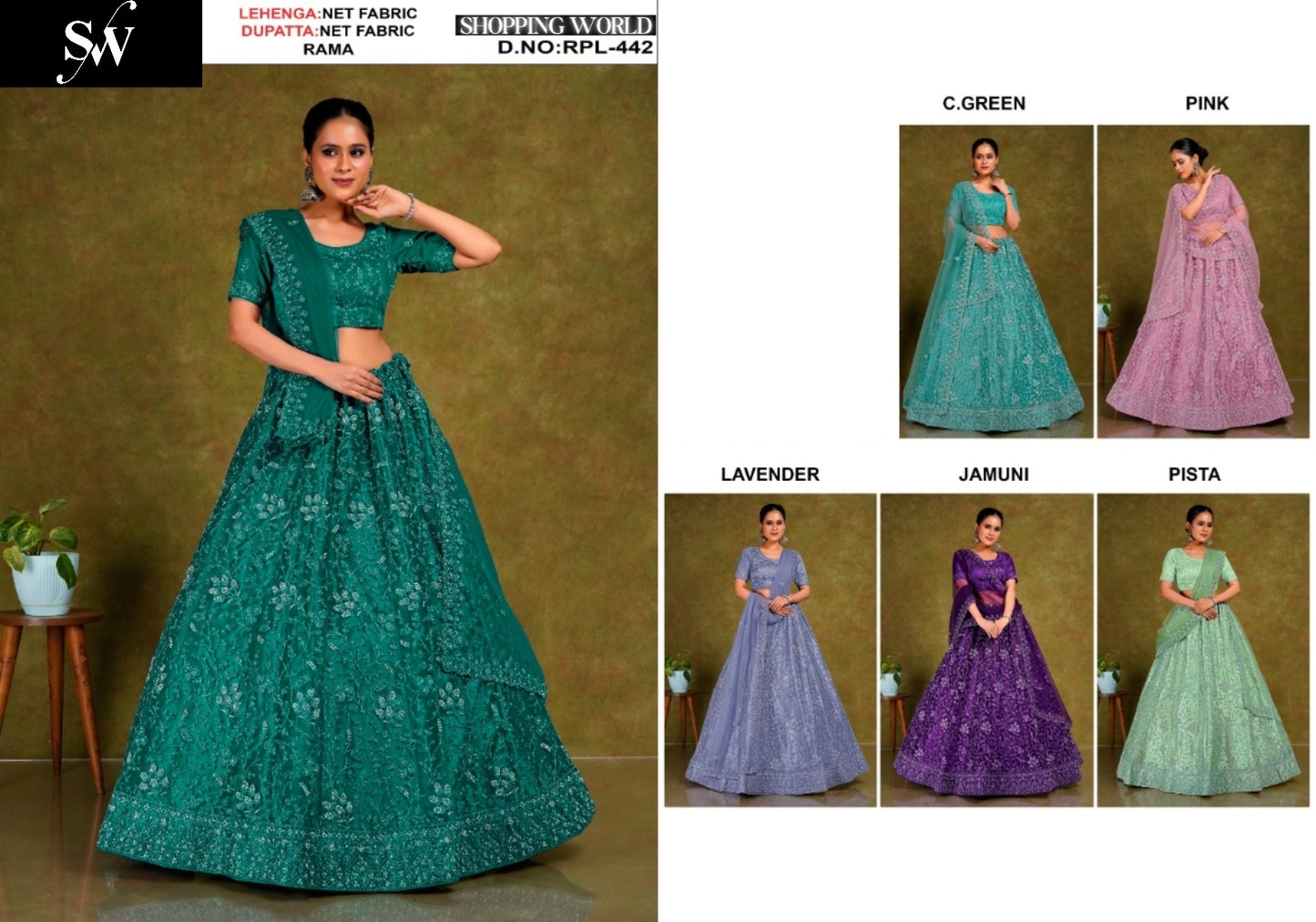 Rama green Lavender pink Jamuni purple Pista green sea green Net Lehenga