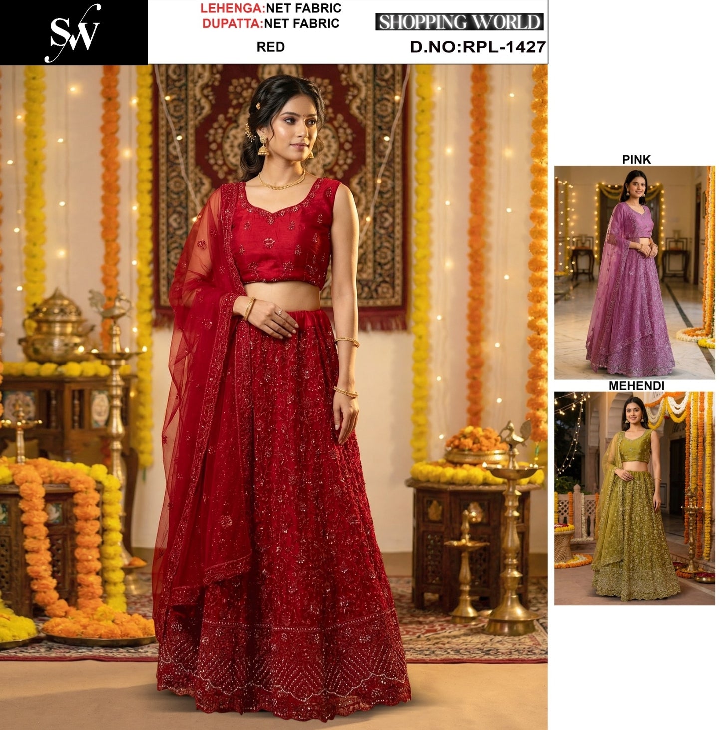 Red Pink Mehendi green Net Lehenga