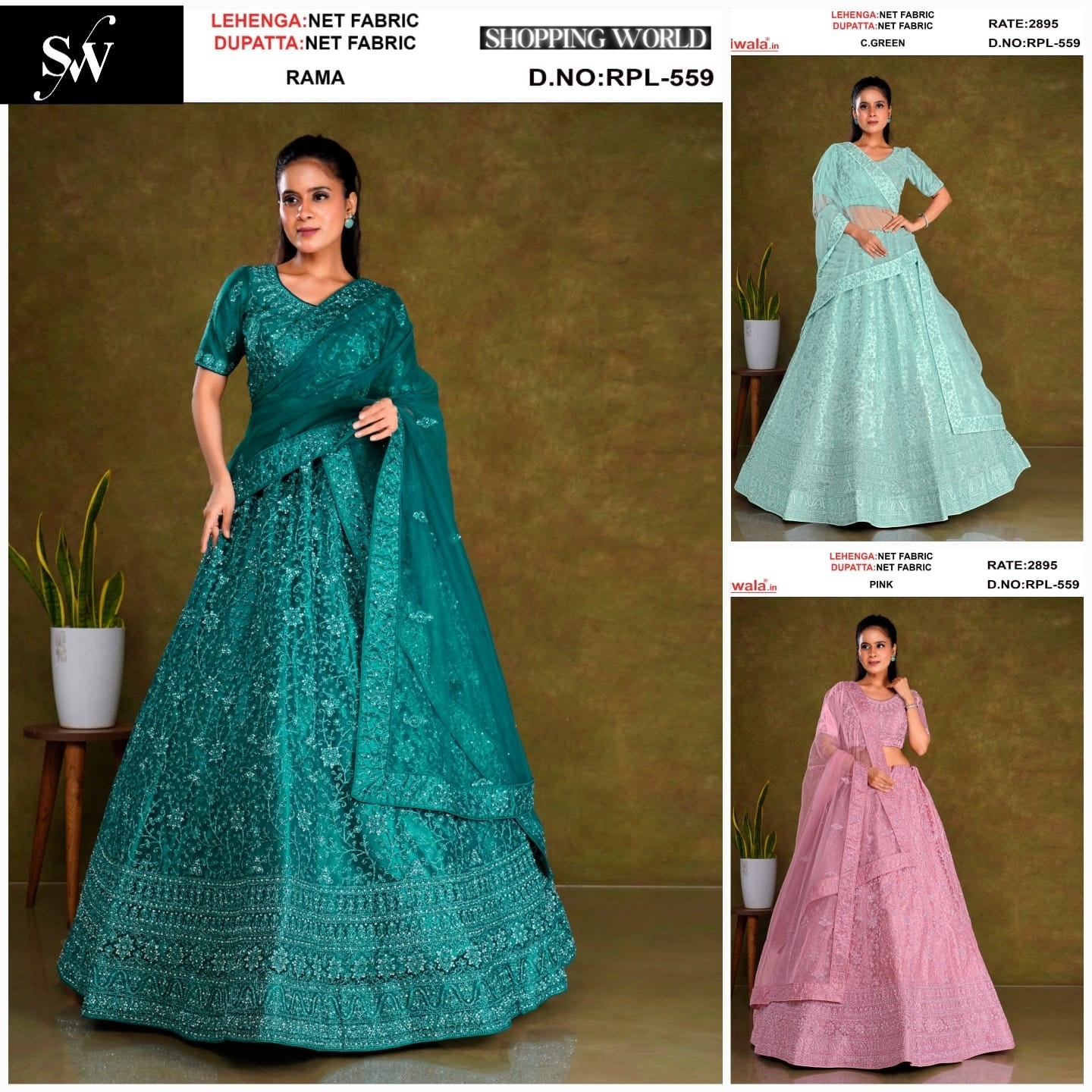 Rama green Sea green Pink Net Lehenga