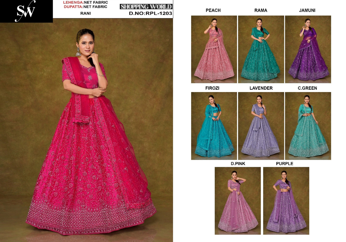 Rani Pink Peach Rama green Jamuni purple Firozi Blue Lavender Sea green Dark Pink Purple Net Lehenga