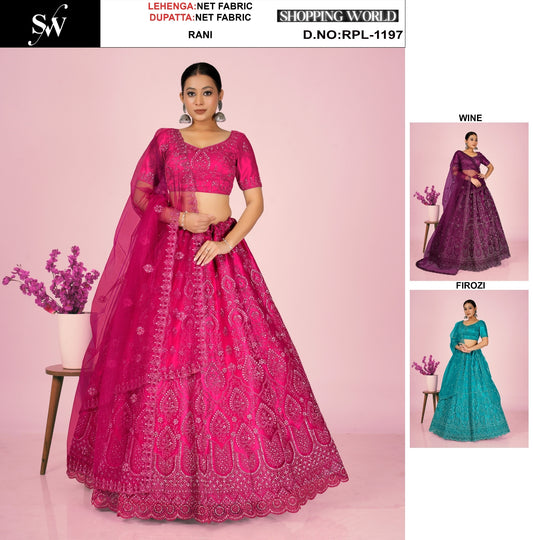 Rani Pink Wine Firozi Blue Net Lehenga