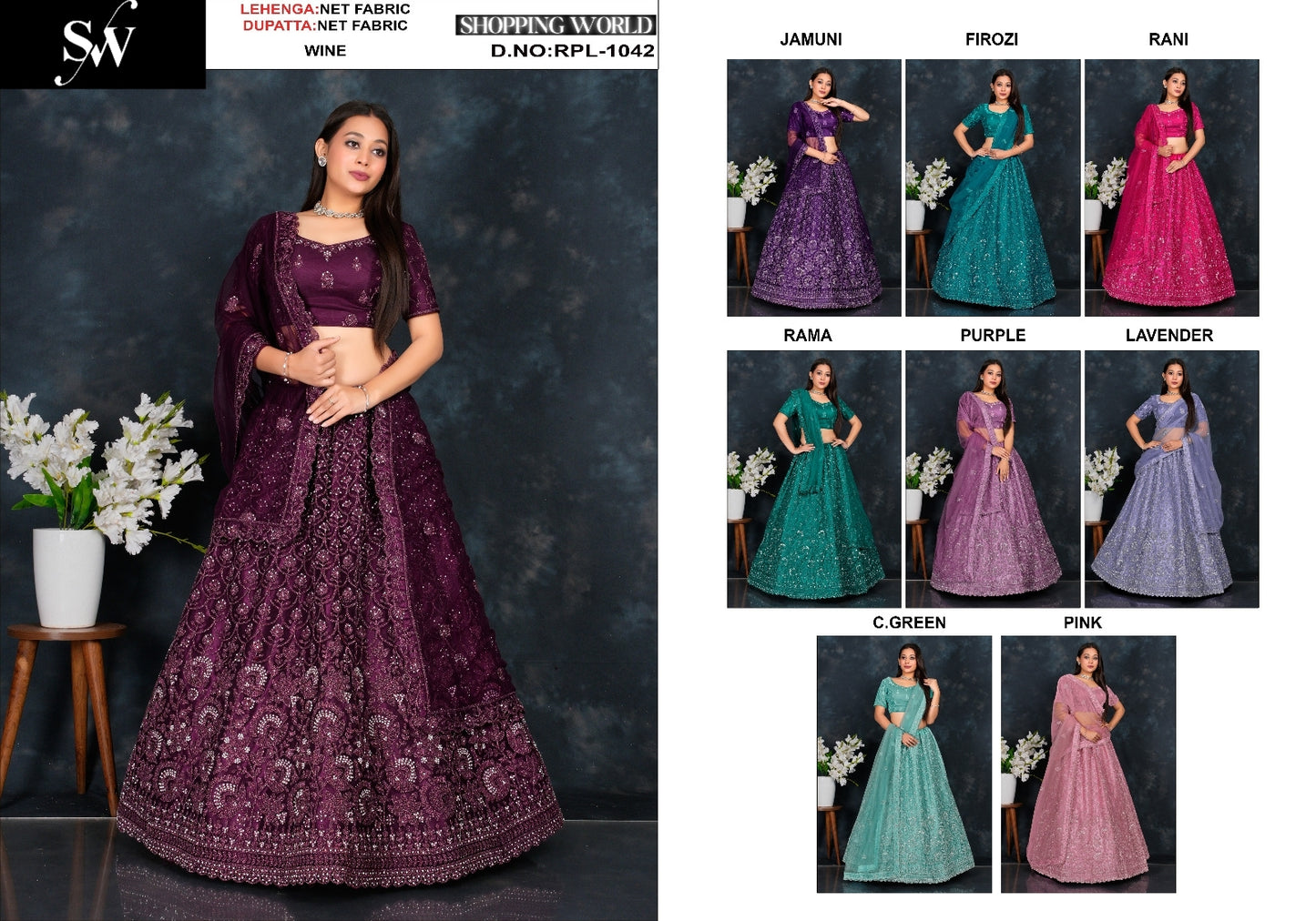 Wine Jamuni purple Firozi blue Rani pink Rama green Purple Lavender Sea green Pink Net Lehenga