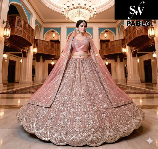 Pink pista green Lavender Net Lehenga