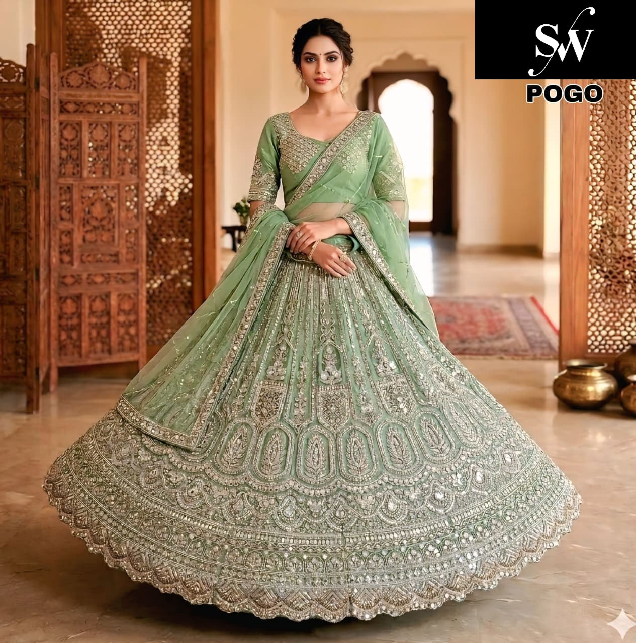 Pink pista green Lavender Net  Lehenga
