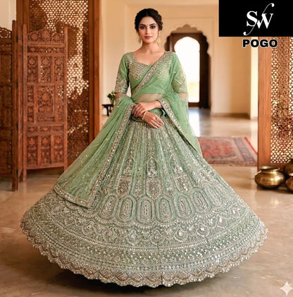 Pink pista green Lavender Net  Lehenga