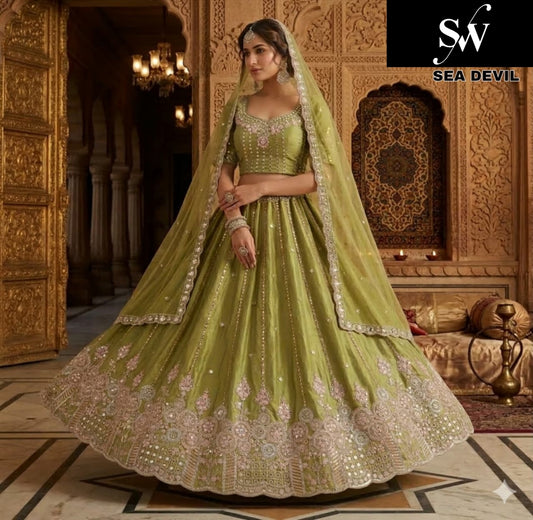 Mehendi green Sky blue Pink Pista green Lavender Onion pink Lehenga