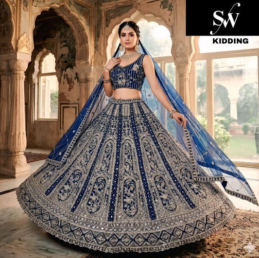 Rani pink Rust Orange Wine Chiku golden Morpich blue Mustard Net Lehenga