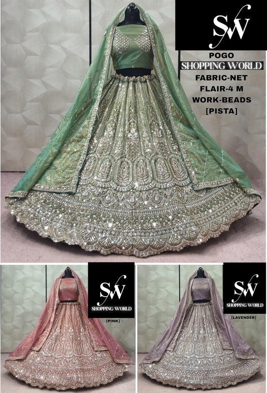 Pink pista green Lavender Net  Lehenga