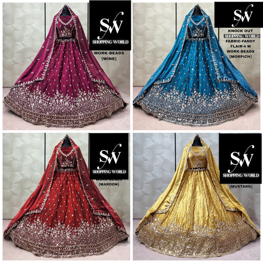 Wine Morpich Blue Maroon Mustard yellow Lehenga