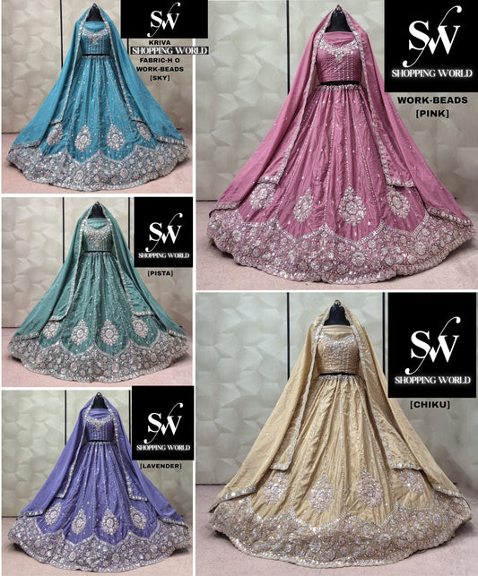 Pink Sky Blue Pista green Chiku golden Lavender Lehenga