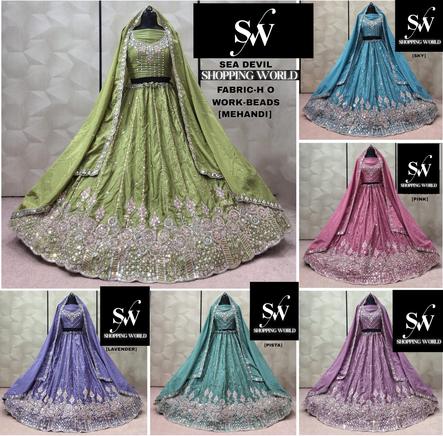 Mehendi green Sky blue Pink Pista green Lavender Onion pink Lehenga
