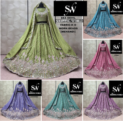 Mehendi green Sky blue Pink Pista green Lavender Onion pink Lehenga