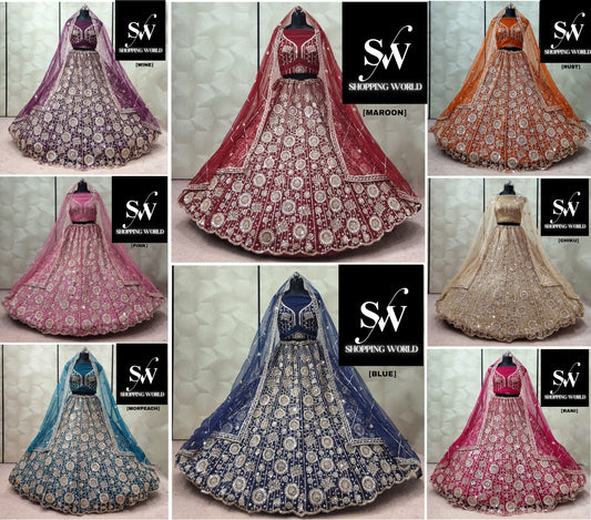 Wine Maroon Rust Orange pink Morpich Blue Chiku golden Rani pink Lehenga