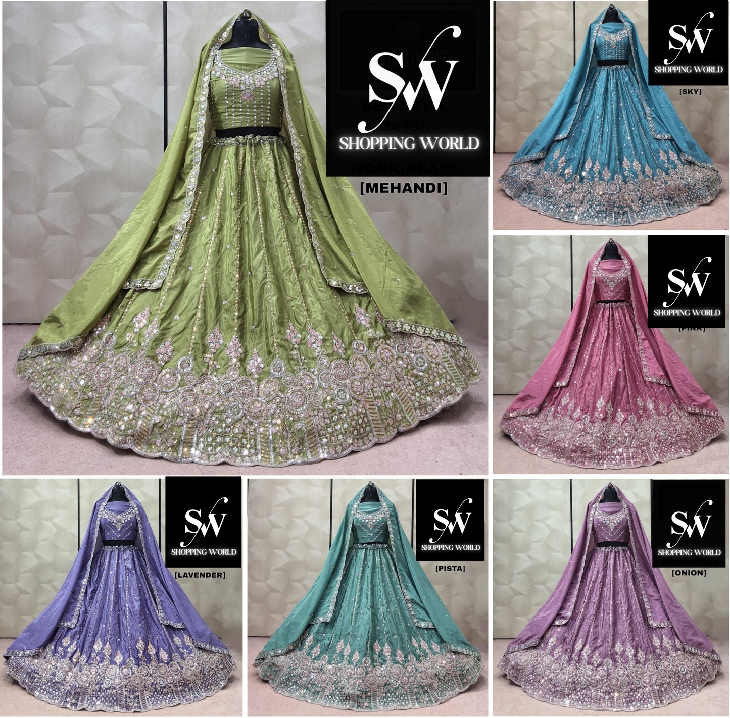 Mehendi Green Sky Blue Pink Lavender Pista green Onion pink Lehenga